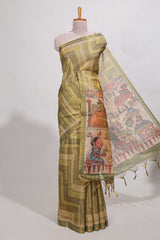 Olive greenabstract geometric pattern semi tussar saree with village art print pallu and tissue blouse