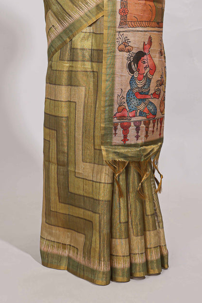 Olive green  abstract geometric pattern semi tussar saree with village art print pallu and tissue blouse