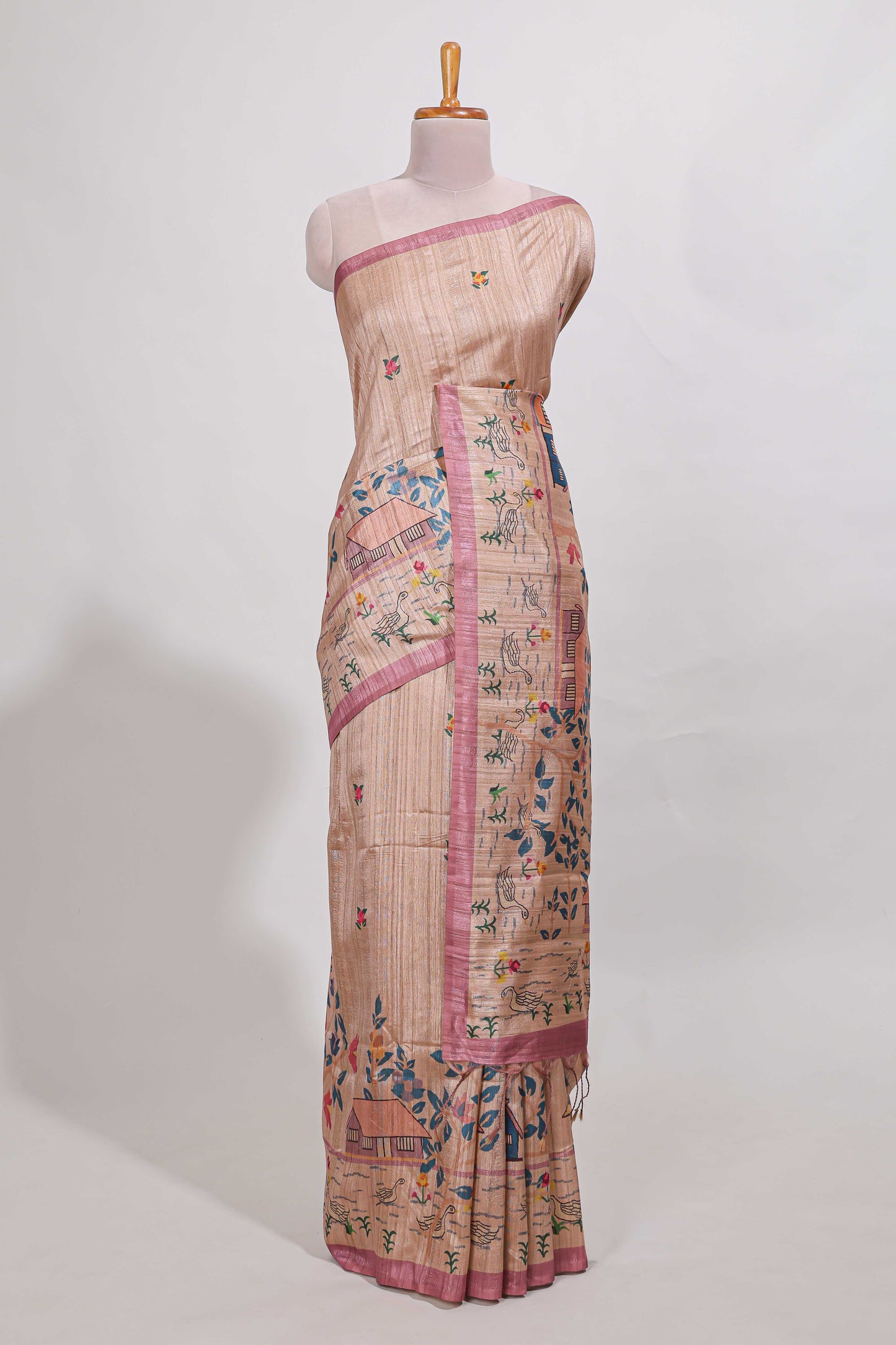 pastel pink artistic village art tussar saree with small border and matching pallu