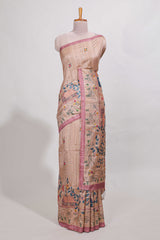 pastel pink artistic village art tussar saree with small border and matching pallu