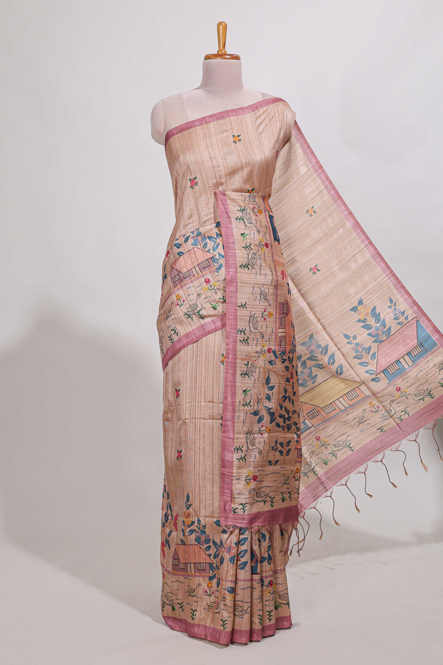 pastel pink artistic village art tussar saree with small border and matching pallu
