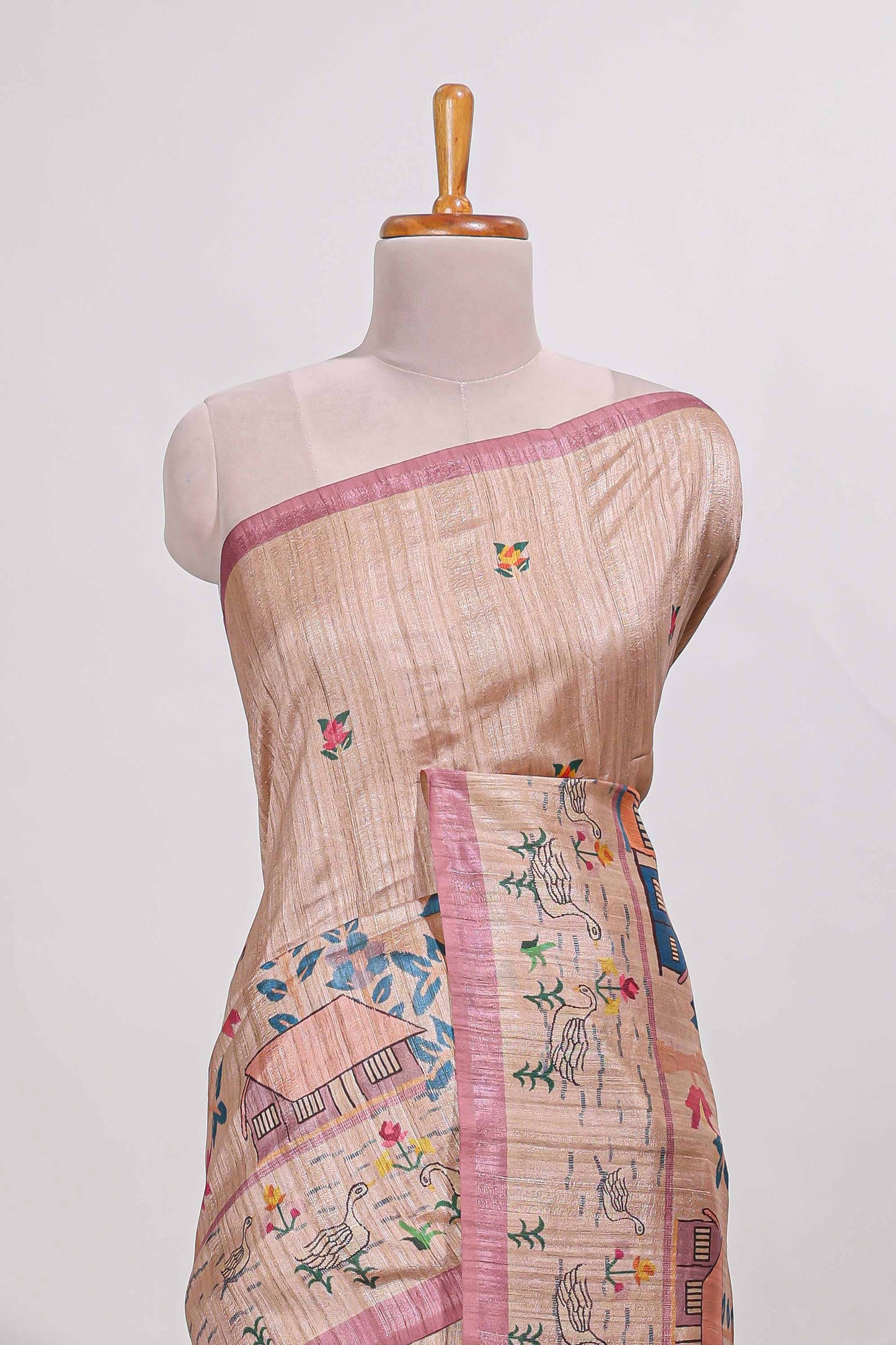 pastel pink artistic village art tussar saree with small border and matching pallu