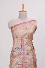 pastel pink artistic village art tussar saree with small border and matching pallu