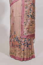 pastel pink artistic village art tussar saree with small border and matching pallu