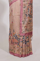pastel pink artistic village art tussar saree with small border and matching pallu