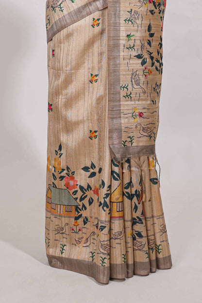 Beige colour artistic village art tussar saree with small border and matching pallu