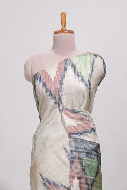 Off white ikkat print tussar saree pastel multi coloured ikkat patterns with matching blouse with matching pallu
