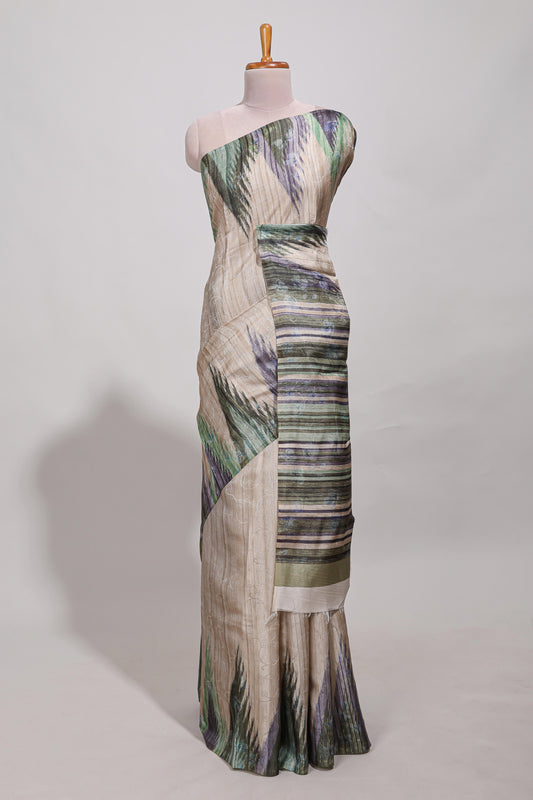 Green ikkat print tussar saree pastel multi coloured ikkat patterns with matching blouse with matching pallu