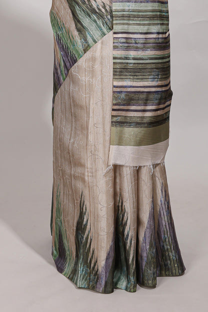 Green ikkat print tussar saree pastel multi coloured ikkat patterns with matching blouse with matching pallu