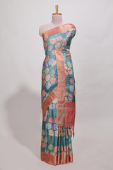 Sea green geometrical tussar silk saree multi coloured honeycomb geomatricpatterns ,rich matching pallu along with tussles