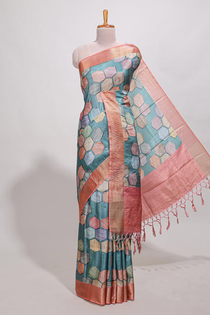 Sea green geometrical tussar silk saree multi coloured honeycomb geomatric  patterns ,  rich matching pallu along with tussles