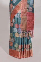 Sea green geometrical tussar silk saree multi coloured honeycomb geomatric  patterns ,  rich matching pallu along with tussles