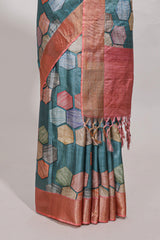Sea green geometrical tussar silk saree multi coloured honeycomb geomatricpatterns ,rich matching pallu along with tussles