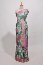 Green geometrical tussar silk saree multi coloured honeycomb geomatric  patterns ,  rich matching pallu along with tussles