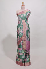 Green geometrical tussar silk saree multi coloured honeycomb geomatricpatterns ,rich matching pallu along with tussles