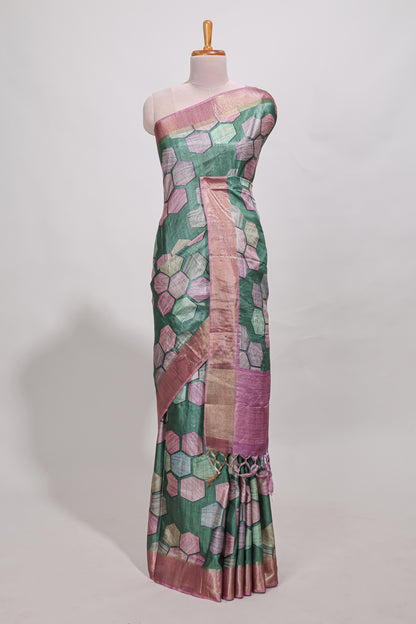 Green geometrical tussar silk saree multi coloured honeycomb geomatric  patterns ,  rich matching pallu along with tussles