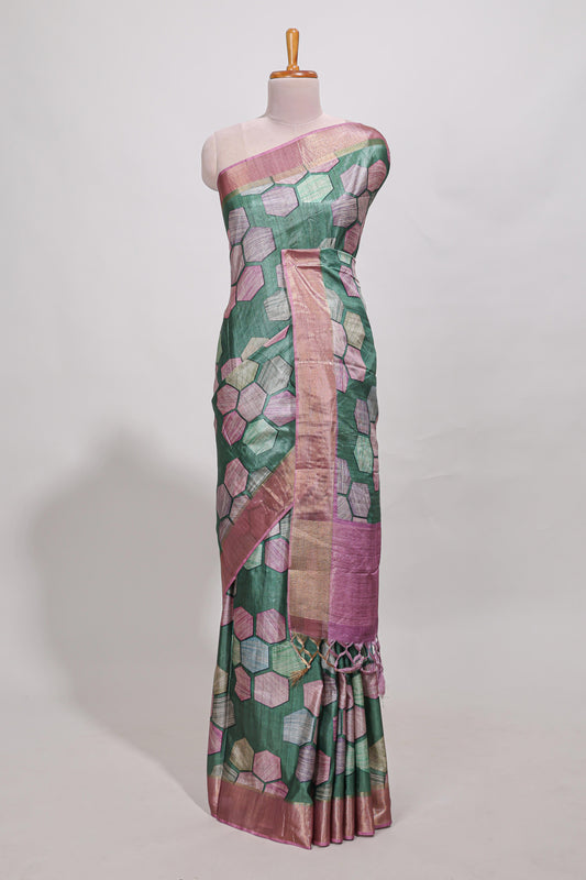 Green geometrical tussar silk saree multi coloured honeycomb geomatric  patterns ,  rich matching pallu along with tussles