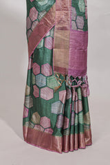 Green geometrical tussar silk saree multi coloured honeycomb geomatricpatterns ,rich matching pallu along with tussles