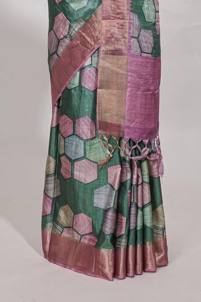 Green geometrical tussar silk saree multi coloured honeycomb geomatric  patterns ,  rich matching pallu along with tussles