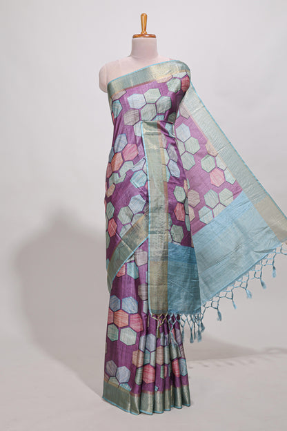 Violet geometrical tussar silk saree multi coloured honeycomb geomatric  patterns ,  rich matching pallu along with tassles