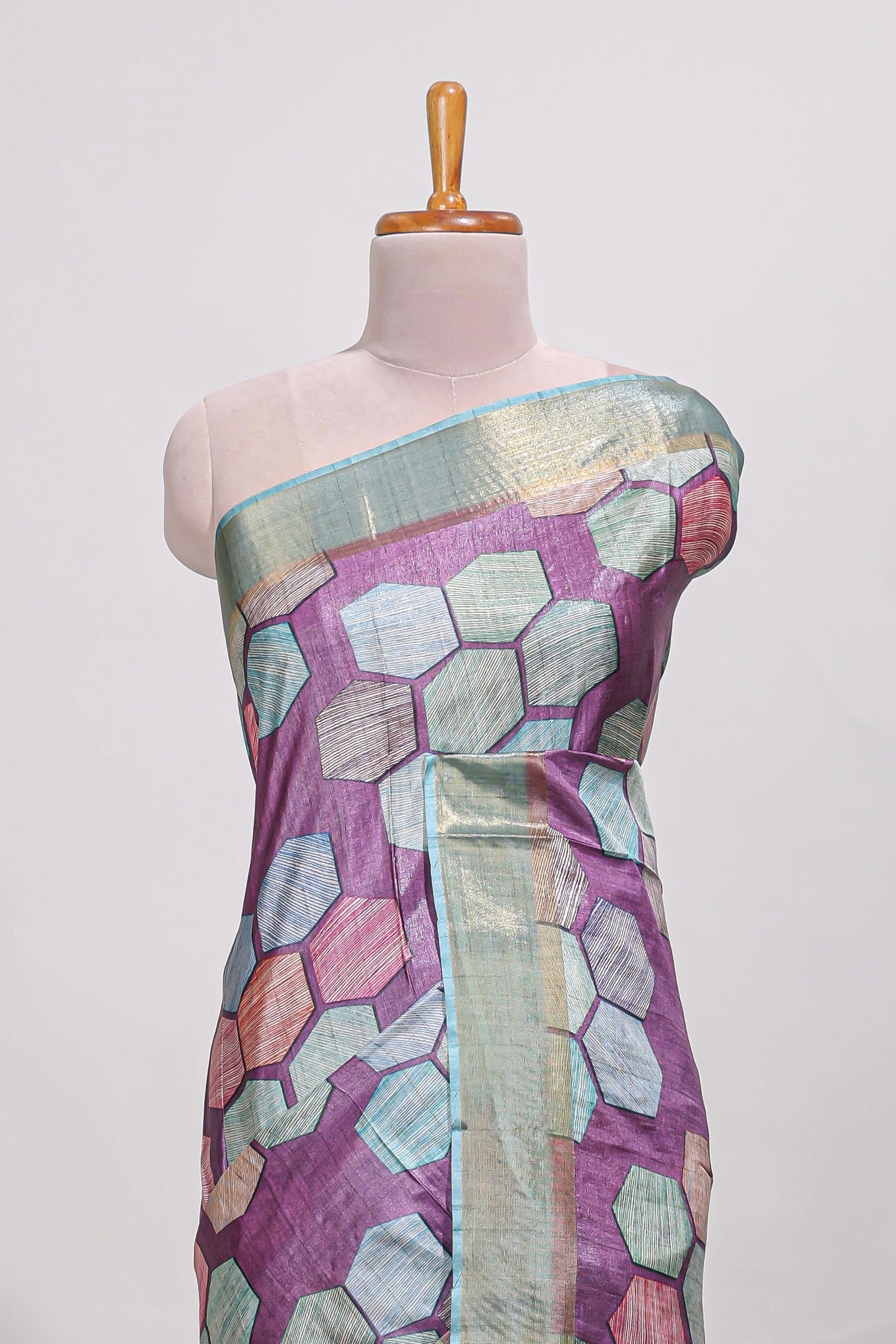 Violet geometrical tussar silk saree multi coloured honeycomb geomatric  patterns ,  rich matching pallu along with tassles