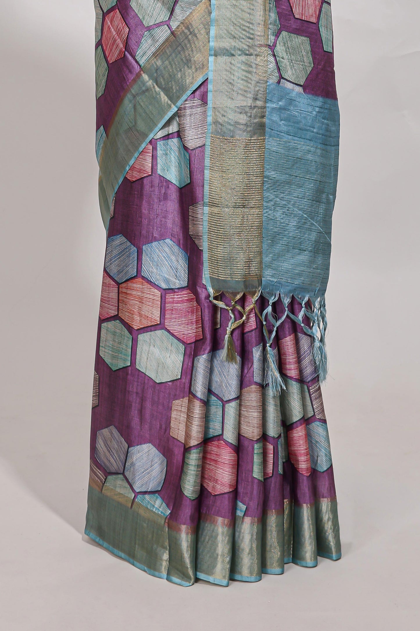 Violet geometrical tussar silk saree multi coloured honeycomb geomatric  patterns ,  rich matching pallu along with tassles