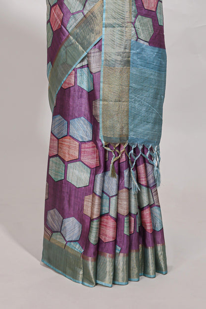 Violet geometrical tussar silk saree multi coloured honeycomb geomatric  patterns ,  rich matching pallu along with tassles