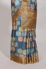 Blue geometrical tussar silk saree multi coloured honeycomb geomatricpatterns ,rich matching pallu along with tassles