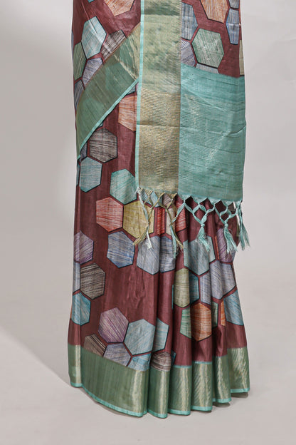 Brick red geometrical tussar silk saree multi coloured honeycomb geomatric  patterns ,  rich matching pallu along with tassles