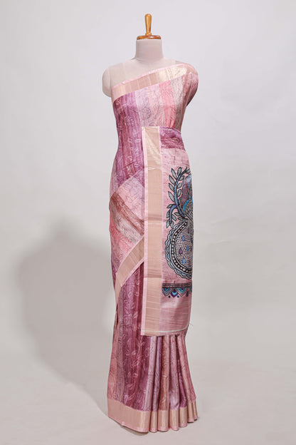 Onion pink kalamakri tussar saree body with floral creeper prints zari border and kalamkari peacock motif print pallu