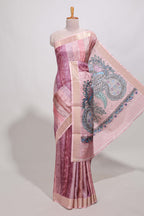 Onion pink kalamakri tussar saree body with floral creeper prints zari border and kalamkari peacock motif print pallu