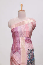 Onion pink kalamakri tussar saree body with floral creeper prints zari border and kalamkari peacock motif print pallu