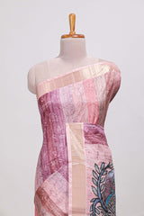 Onion pink kalamakri tussar saree body with floral creeper prints zari border and kalamkari peacock motif print pallu