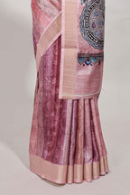 Onion pink kalamakri tussar saree body with floral creeper prints zari border and kalamkari peacock motif print pallu