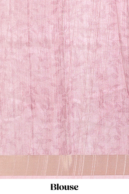 Onion pink kalamakri tussar saree body with floral creeper prints zari border and kalamkari peacock motif print pallu