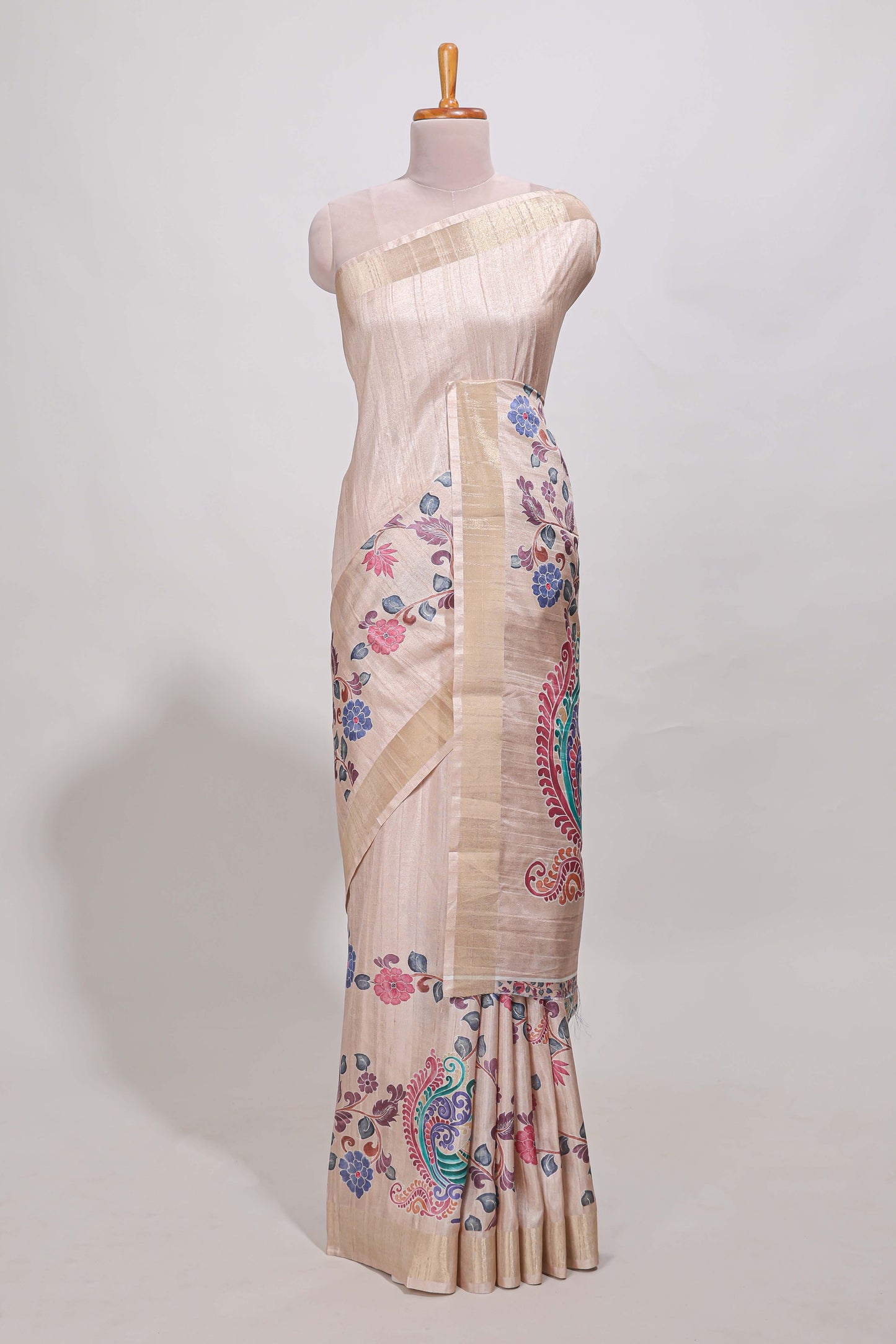 Sandle colour semi tussar saree with floral printed border and floral printed self blouse