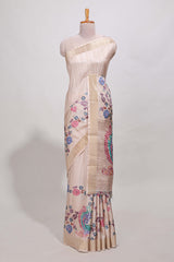 Sandle colour semi tussar saree with floral printed border and floral printed self blouse
