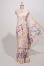 Sandle colour semi tussar saree with floral printed border and floral printed self blouse