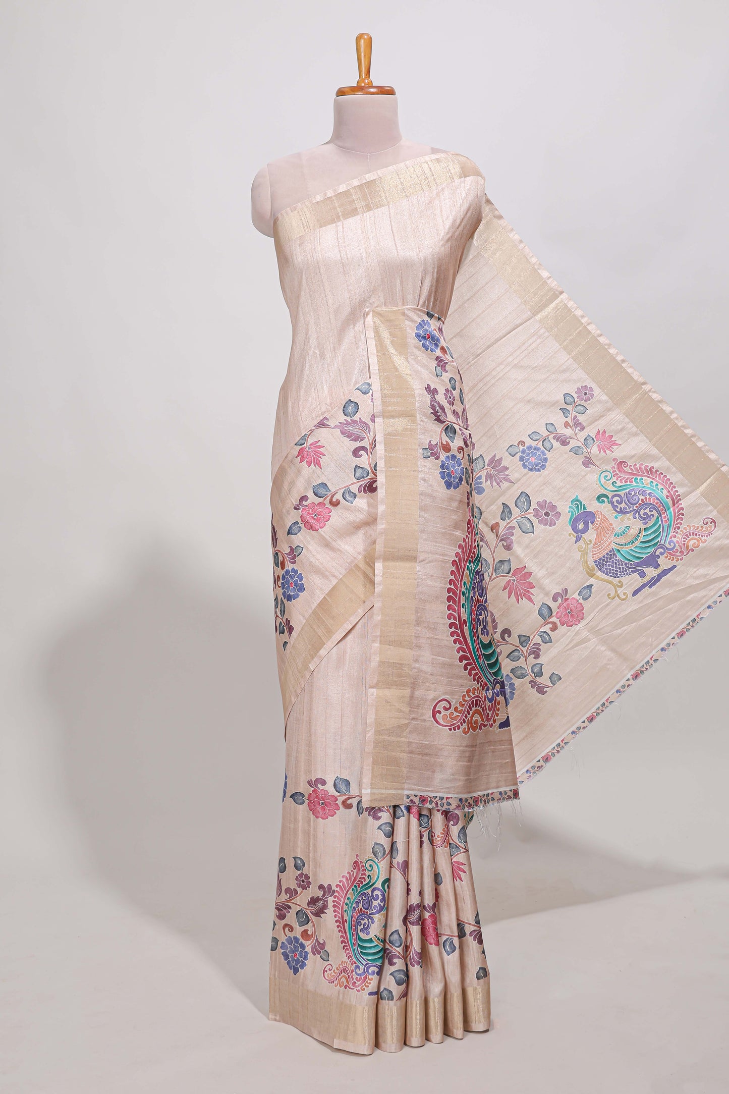 Sandle colour semi tussar saree with floral printed border and floral printed self blouse
