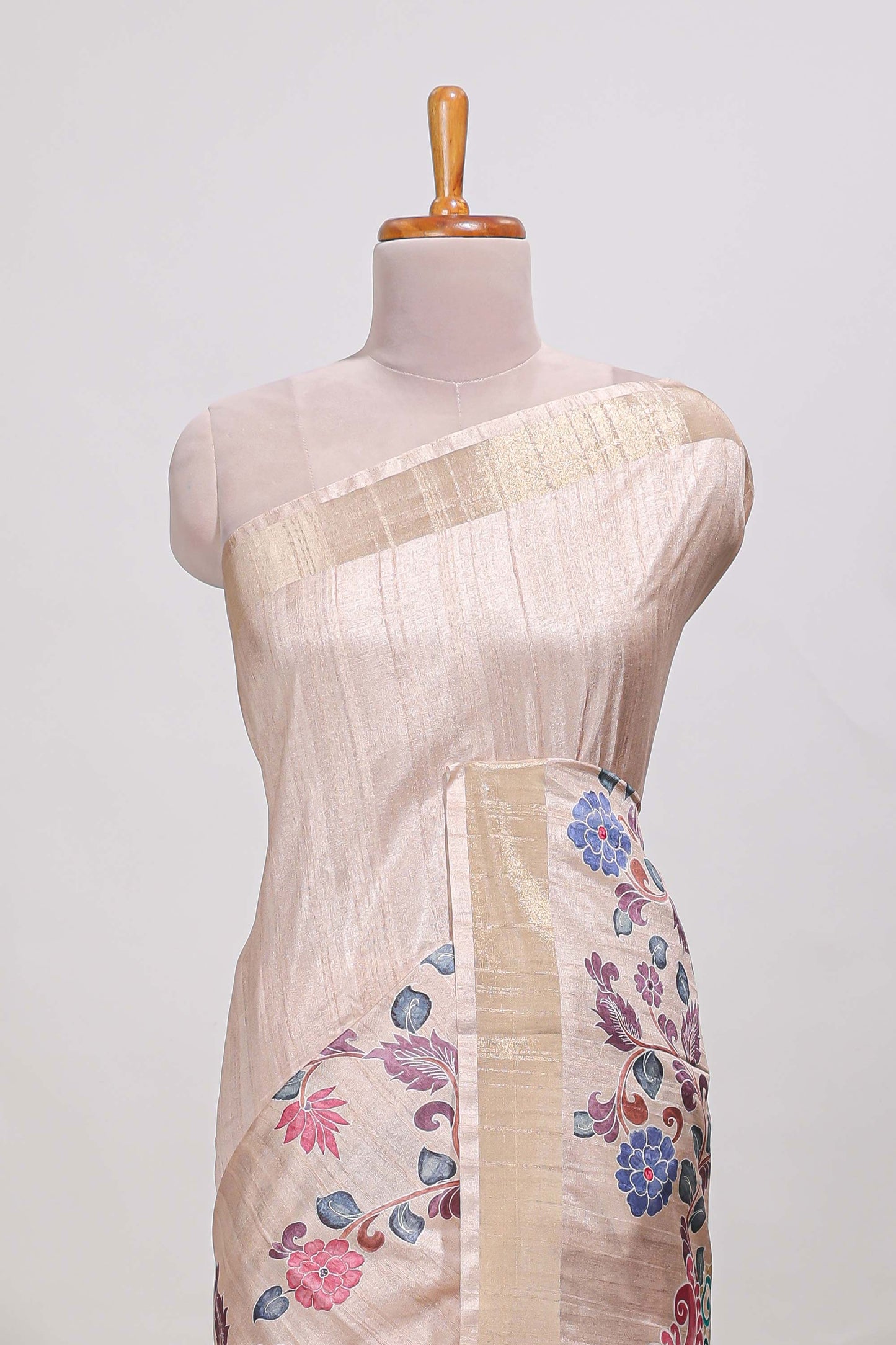 Sandle colour semi tussar saree with floral printed border and floral printed self blouse