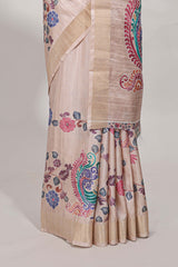 Sandle colour semi tussar saree with floral printed border and floral printed self blouse