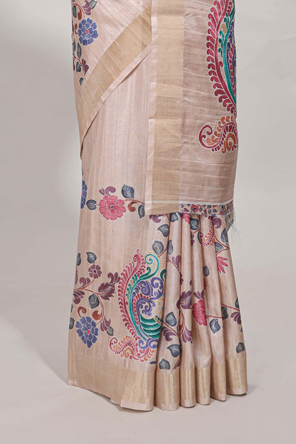 Sandle colour semi tussar saree with floral printed border and floral printed self blouse