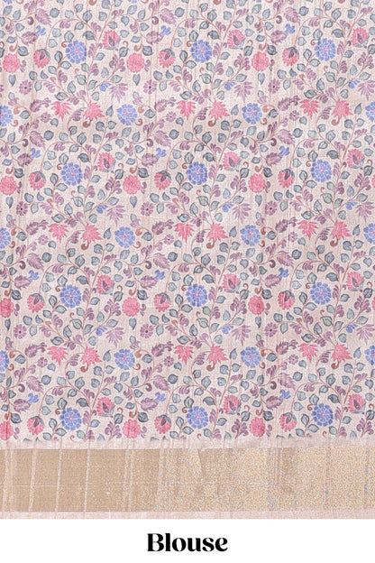 Sandle colour semi tussar saree with floral printed border and floral printed self blouse