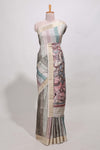 Multi colour kalamakri tussar saree body with floral creeper prints zari border and kalamkari peacock motif print pallu