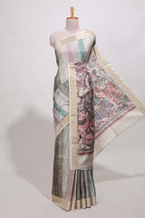 Multi colour kalamakri tussar saree body with floral creeper prints zari border and kalamkari peacock motif print pallu