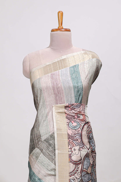 Multi colour kalamakri tussar saree body with floral creeper prints zari border and kalamkari peacock motif print pallu