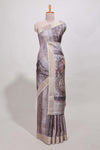 Multi colour kalamakri tussar saree body with floral creeper prints zari border and kalamkari peacock motif print pallu