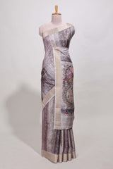 Multi colour kalamakri tussar saree body with floral creeper prints zari border and kalamkari peacock motif print pallu