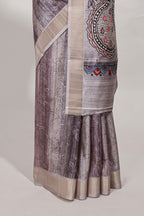 Multi colour kalamakri tussar saree body with floral creeper prints zari border and kalamkari peacock motif print pallu