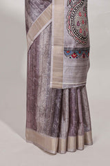 Multi colour kalamakri tussar saree body with floral creeper prints zari border and kalamkari peacock motif print pallu